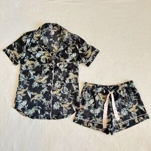 Victoria's Secret Satin Pajama Set XS Black Botanical Floral Short Sleeve Shorts